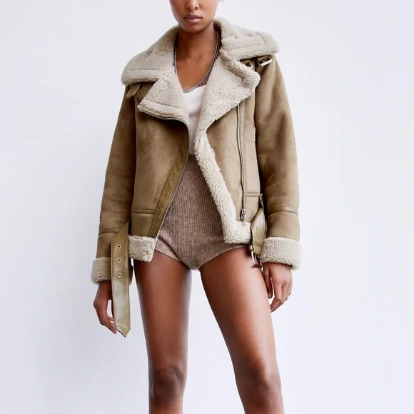 Zara Tan Teddy Jacket with Shearling Collar - Picture 11 of 12